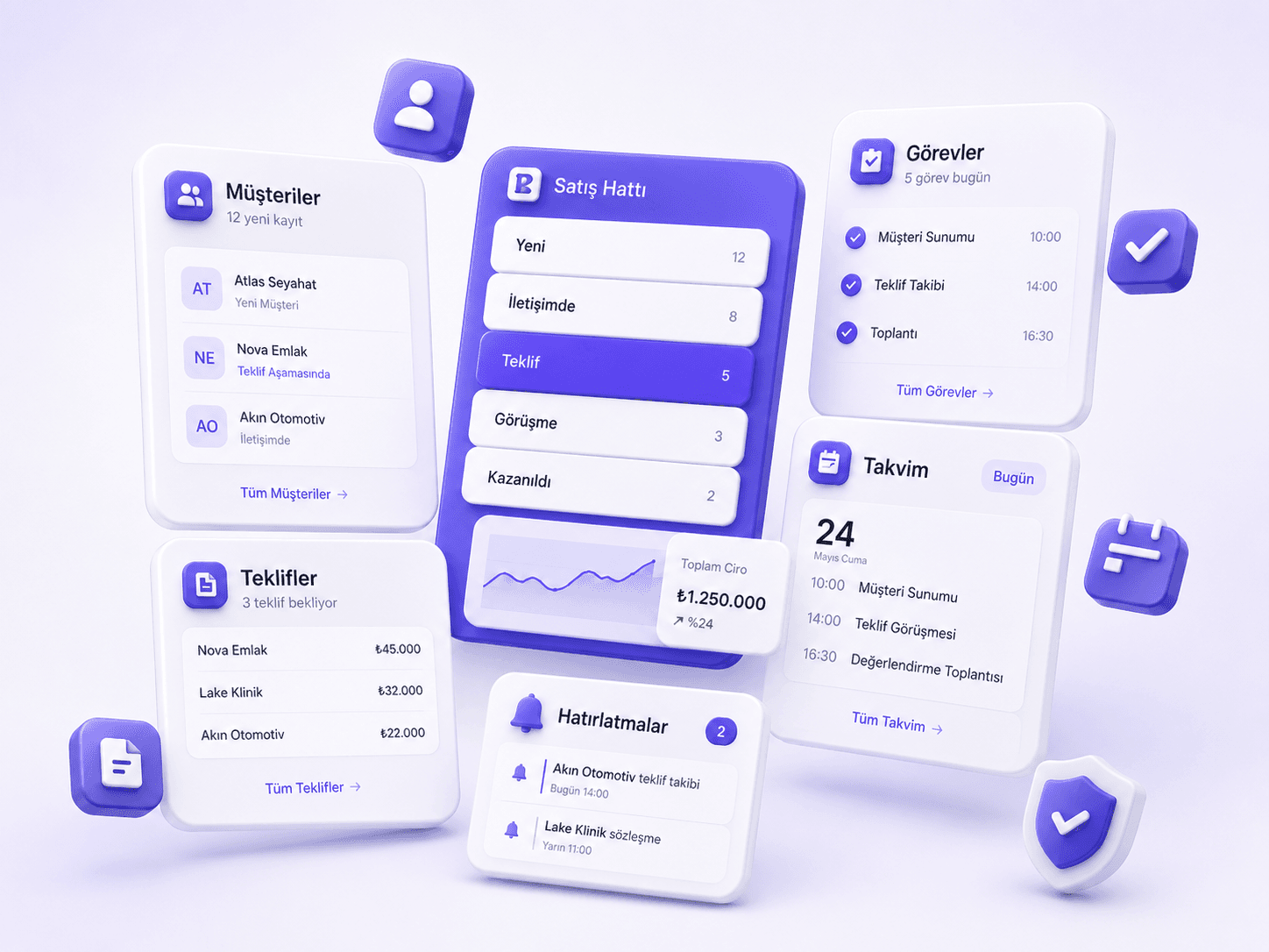 MiraCRM pipeline, customers, tasks and calendar screens